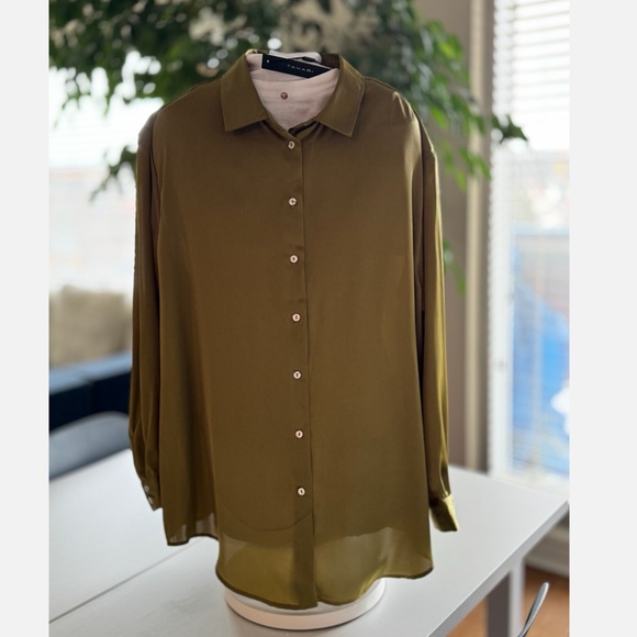 T Tahari Satin-Finish Button-Down Blouse – Pea Green – XL (NWT see note) - Picture 1 of 7
